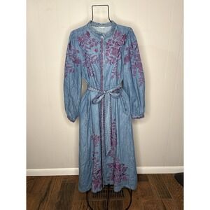 Sundance Denim Purple Embroidered Long Dress Size L Large Floral Western Jenny